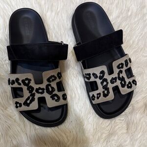 Hermes Black and Tan Embellished Sandals